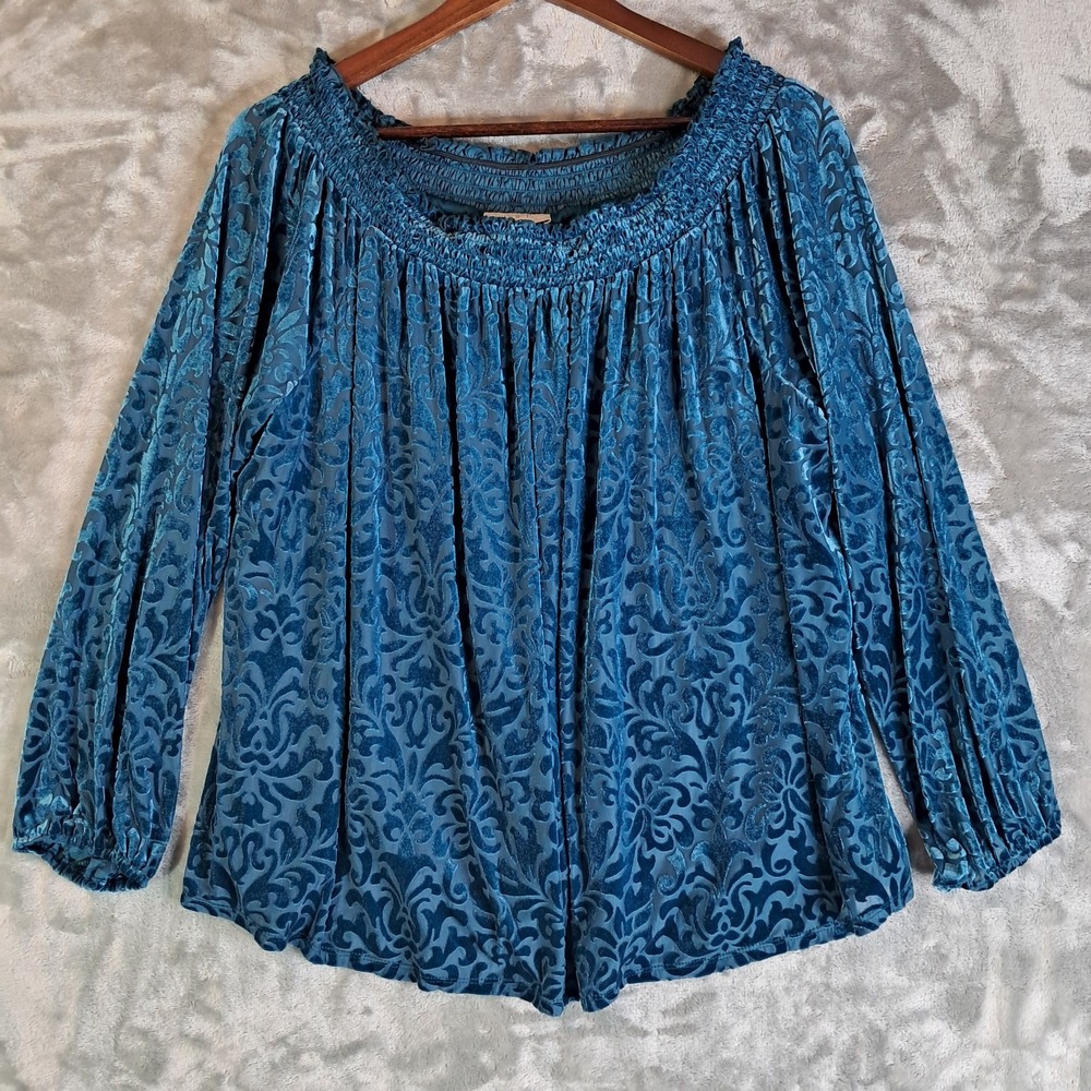 Loft Outlet Velvet Burnout Top XL Teal Smocked Neck Off Shoulder Floral Blouse